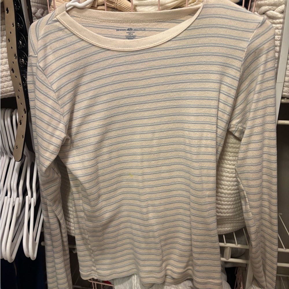 Brandy Melville Cream and Blue Striped Long Sleeve Tee